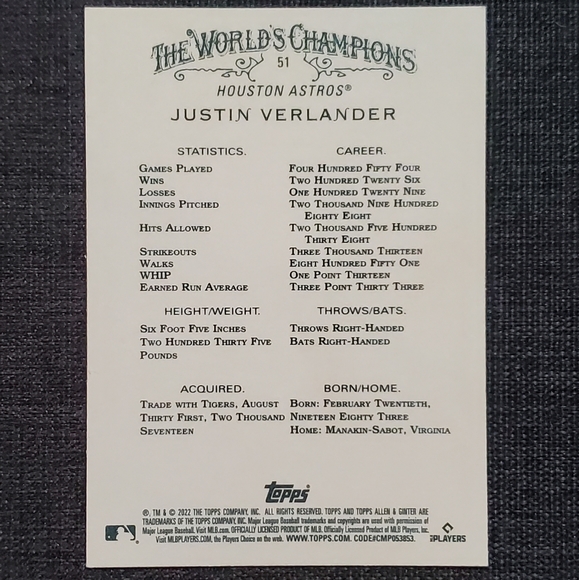 Topps Allen & Ginter The World's Champions Justin Verlander Card #51 - Picture 2 of 2